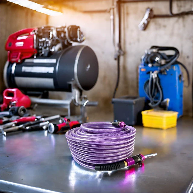 Alt view image 7 of 7 - Polyurethane (PU) Air Hose 1/4-Inch x 100ft Reinforced, Lightweight Anti-Low Temperature 300PSI, 1/4 Swivel Industrial Aluminum Quick Coupler & Plug, Bend Restrictor, Purple (100)