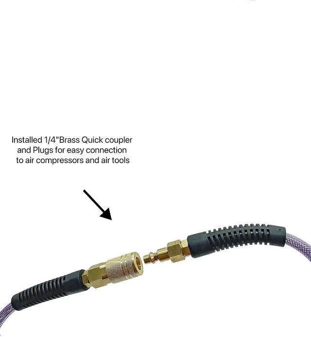 Alt view image 2 of 6 - Polyurethane(PU) 1/4-Inch x 100FT Reinforced,Air Hose with 1/4 Swivel Industrial Quick Coupler and Plug,Bend Restrictor,Purple