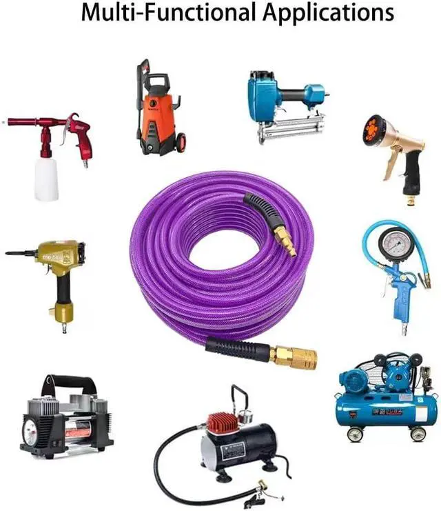 Alt view image 6 of 6 - Polyurethane(PU) 1/4-Inch x 100FT Reinforced,Air Hose with 1/4 Swivel Industrial Quick Coupler and Plug,Bend Restrictor,Purple