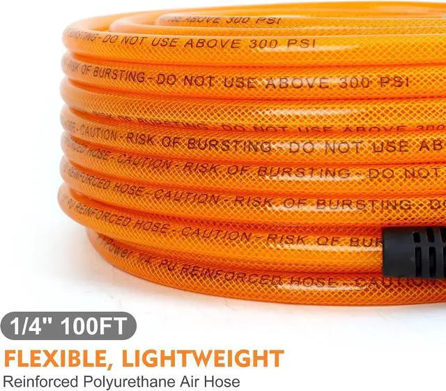 Alt view image 2 of 7 - Air Compressor Hose 1/4 Inch x 100 Feet Flexeel Reinforced Polyurethane (PU) Air Hose with Fittings, Bend Restrictors, 1/4" Industrial Quick Coupler and Plug Kit