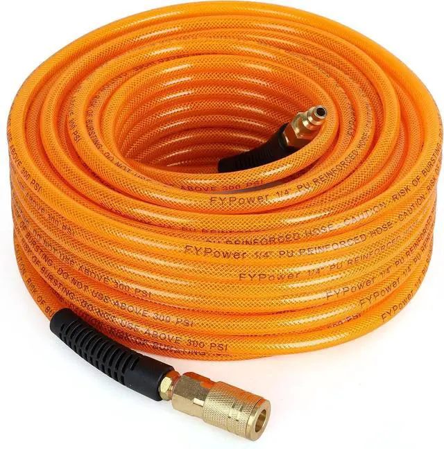Main image of Air Compressor Hose 1/4 Inch x 100 Feet Flexeel Reinforced Polyurethane (PU) Air Hose with Fittings, Bend Restrictors, 1/4" Industrial Quick Coupler and Plug Kit