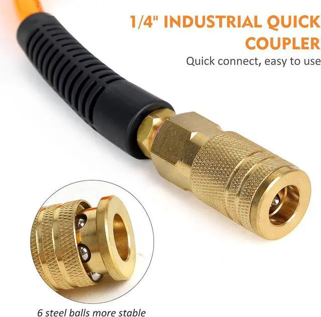 Alt view image 3 of 7 - Air Compressor Hose 1/4 Inch x 100 Feet Flexeel Reinforced Polyurethane (PU) Air Hose with Fittings, Bend Restrictors, 1/4" Industrial Quick Coupler and Plug Kit