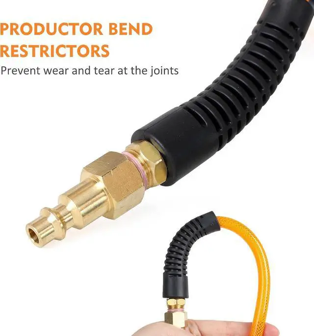Alt view image 4 of 7 - Air Compressor Hose 1/4 Inch x 100 Feet Flexeel Reinforced Polyurethane (PU) Air Hose with Fittings, Bend Restrictors, 1/4" Industrial Quick Coupler and Plug Kit