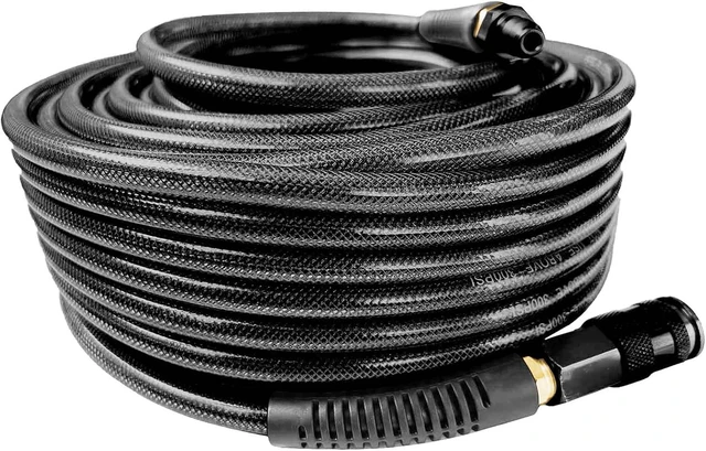 Main image of Polyurethane (PU) Air Hose 1/4-Inch x 100ft Reinforced, Lightweight Anti-Low Temperature 300PSI, 1/4 Swivel Industrial Aluminum Quick Coupler & Plug, Bend Restrictor, Black (100)