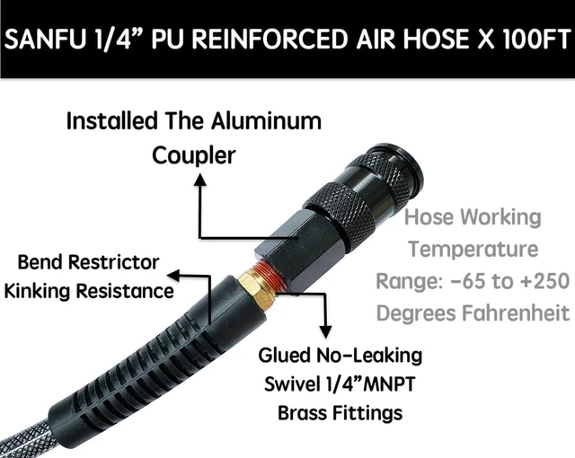 Alt view image 2 of 7 - Polyurethane (PU) Air Hose 1/4-Inch x 100ft Reinforced, Lightweight Anti-Low Temperature 300PSI, 1/4 Swivel Industrial Aluminum Quick Coupler & Plug, Bend Restrictor, Black (100)