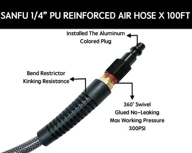 Alt view image 3 of 7 - Polyurethane (PU) Air Hose 1/4-Inch x 100ft Reinforced, Lightweight Anti-Low Temperature 300PSI, 1/4 Swivel Industrial Aluminum Quick Coupler & Plug, Bend Restrictor, Black (100)