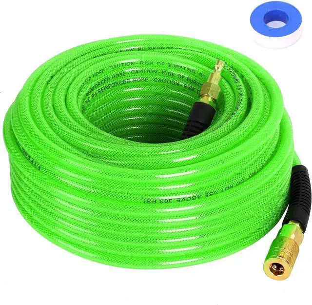 Main image of Air Compressor Hose 1/4 Inch x 100 Feet Reinforced Polyurethane (PU) Air Hose with Fittings, Bend Restrictors, 1/4" Industrial Quick Coupler and Plug Kit, Green
