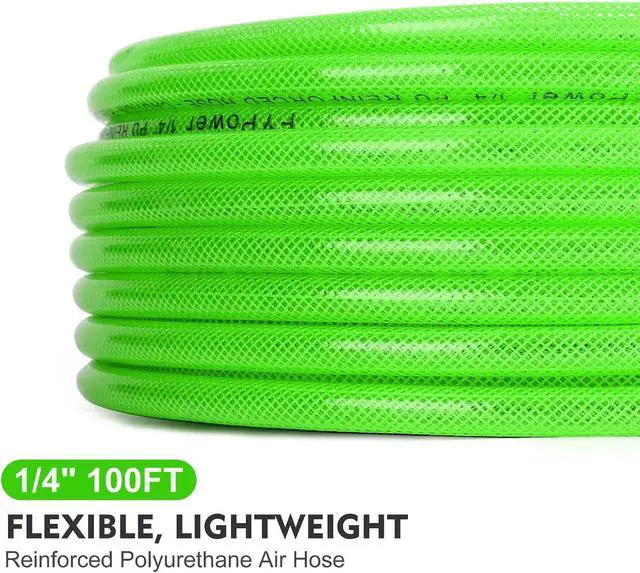 Alt view image 2 of 7 - Air Compressor Hose 1/4 Inch x 100 Feet Reinforced Polyurethane (PU) Air Hose with Fittings, Bend Restrictors, 1/4" Industrial Quick Coupler and Plug Kit, Green
