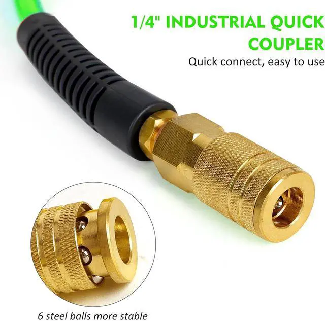 Alt view image 3 of 7 - Air Compressor Hose 1/4 Inch x 100 Feet Reinforced Polyurethane (PU) Air Hose with Fittings, Bend Restrictors, 1/4" Industrial Quick Coupler and Plug Kit, Green