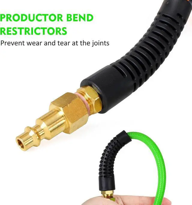 Alt view image 4 of 7 - Air Compressor Hose 1/4 Inch x 100 Feet Reinforced Polyurethane (PU) Air Hose with Fittings, Bend Restrictors, 1/4" Industrial Quick Coupler and Plug Kit, Green
