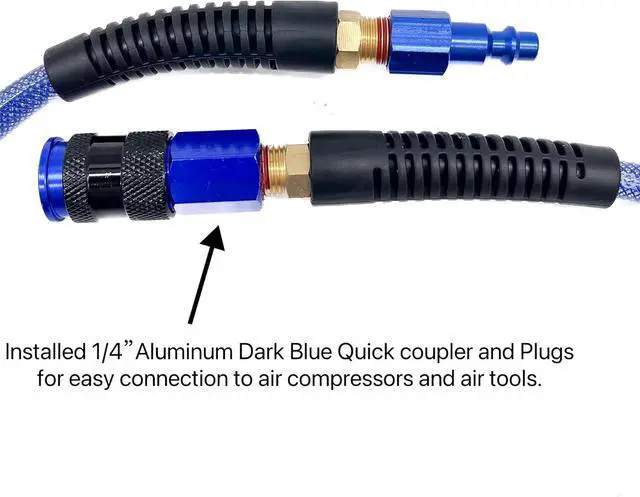 Alt view image 2 of 7 - Polyurethane(PU) 1/4-Inch Reinforced,Air Hose with 1/4 Swivel Industrial Quick Coupler and Plug,Bend Restrictor (Dark Blue, 100FT)