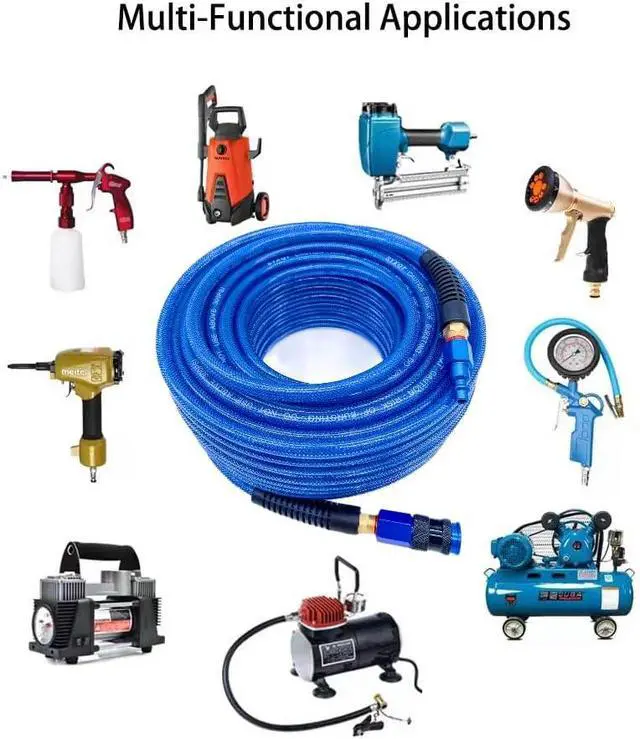 Alt view image 7 of 7 - Polyurethane(PU) 1/4-Inch Reinforced,Air Hose with 1/4 Swivel Industrial Quick Coupler and Plug,Bend Restrictor (Dark Blue, 100FT)