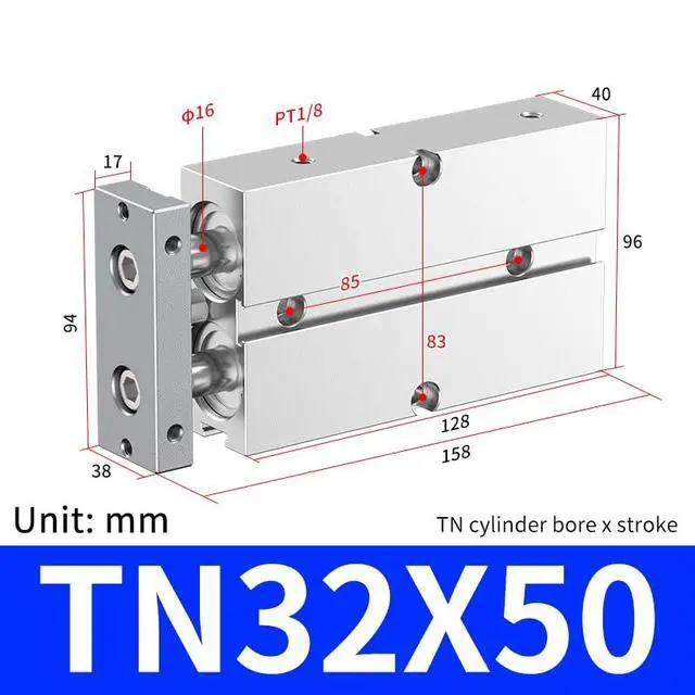 Alt view image 2 of 7 - TN Dual Axis Dual Rod Pneumatic Cylinder 1-1/4 inch (32mm) Bore 2 inch (50mm) Stroke, Magnetic Double Action Aluminum Air Cylinder (TN32-50)