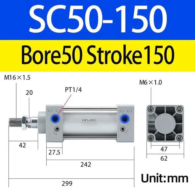 Alt view image 2 of 7 - SC Air Cylinder 2 inch (50mm) Bore 6 inch (150mm) Stroke, Double Acting Aluminum Pneumatic Cylinder for Industrial Automation (SC50X150)