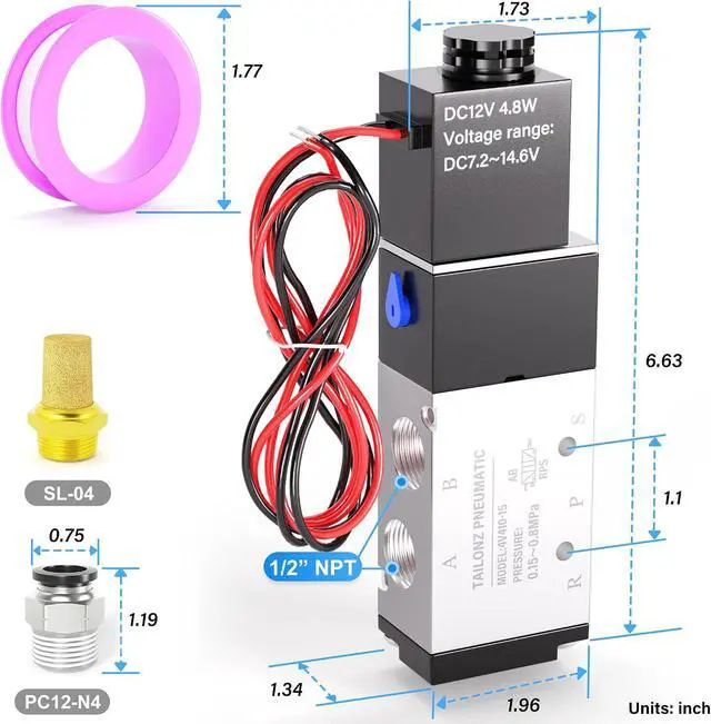 Alt view image 2 of 7 - 1/2"NPT Solenoid Valve 4V410-15 12V/24V/110V/220V Single Coil Pilot-Operated Electric 2 Position 5 Way Connection Type Outlet wire