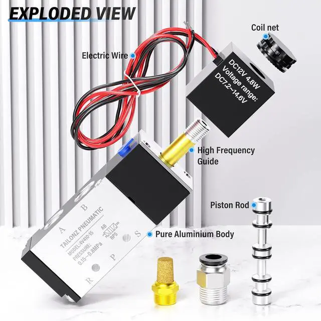 Alt view image 4 of 7 - 1/2"NPT Solenoid Valve 4V410-15 12V/24V/110V/220V Single Coil Pilot-Operated Electric 2 Position 5 Way Connection Type Outlet wire