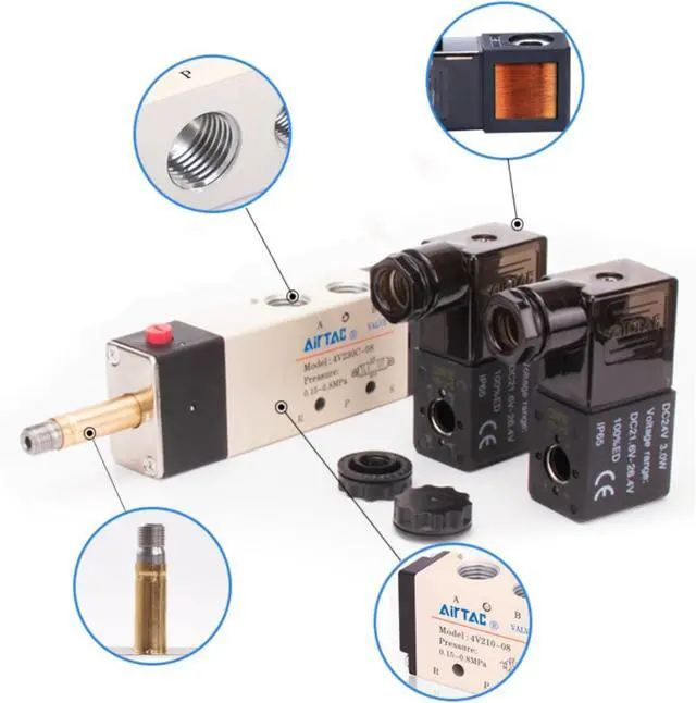 Alt view image 5 of 7 - Solenoid Valve AirTAC 4V220-08 DC12V 1/4"PT Double Solenoid 5/2 way Air Pneumatic Internal Pilot 21-114 PSI 5 Port 2 Position Have Memory Function.