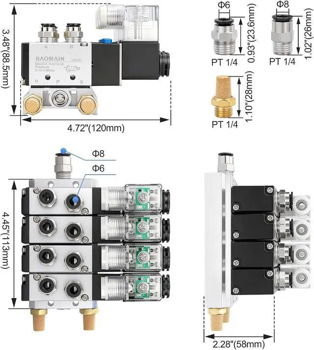 Alt view image 2 of 7 - 4 Station Solenoid Valve Manifold, 12V DC 5 Way 2 Position Pneumatic Air Valve, Four Solenoid, 1/4" PT Port, Includes Manifold Base & Mufflers, 4V210-08