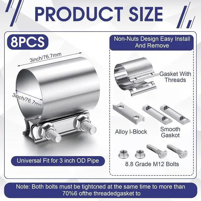 Alt view image 2 of 6 - 8 Pcs 3 Inch Exhaust Clamp Stainless Steel Exhaust Pipe Muffler Clamp Butt Joint Band Sleeve Coupler for Pipes Muffler Connections, Catalytic Converters