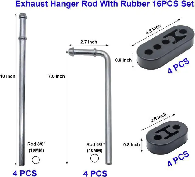 Alt view image 2 of 6 - 16PCS Rubber Exhaust Hanger Rod Set Heavy Duty 3/8"(10MM) Rod 90°7.6" Long + Straight 10" Long Muffler Hanger Mild Steel Zinc Coated 2 Hole 4 Hole Insulator Mount Car Automotive Replacement
