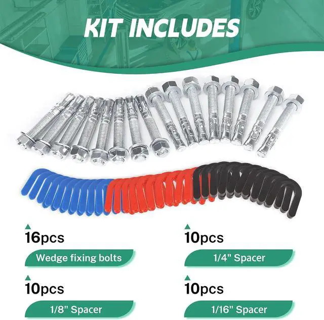 Alt view image 2 of 7 - Car Lift Installation Kit with 16 x 3/4" x 5.5" Wedge Anchor Bolts and 30 Leveling Shims (1/4", 1/8", 1/16"), For 2 Post 4 Post Car Lift Precise Leveling Installation,46 Pcs