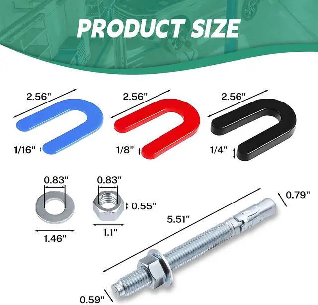 Alt view image 4 of 7 - Car Lift Installation Kit with 16 x 3/4" x 5.5" Wedge Anchor Bolts and 30 Leveling Shims (1/4", 1/8", 1/16"), For 2 Post 4 Post Car Lift Precise Leveling Installation,46 Pcs