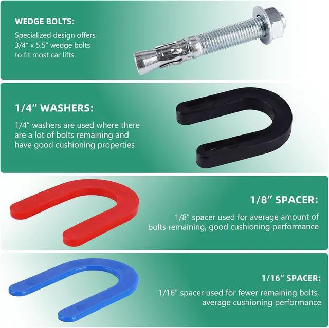 Alt view image 6 of 7 - Car Lift Installation Kit with 16 x 3/4" x 5.5" Wedge Anchor Bolts and 30 Leveling Shims (1/4", 1/8", 1/16"), For 2 Post 4 Post Car Lift Precise Leveling Installation,46 Pcs