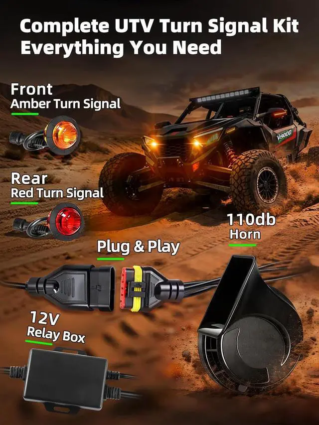 Alt view image 2 of 7 - UTV Turn Signal Kit, Pre-Wired, Plug and Play Universal Street Legal UTV Blinker Kits with Rocker Switch, Hazard Light, 110dB Horn, Compatible with Polaris, Can-Am - 4Pods Amber Red Lights