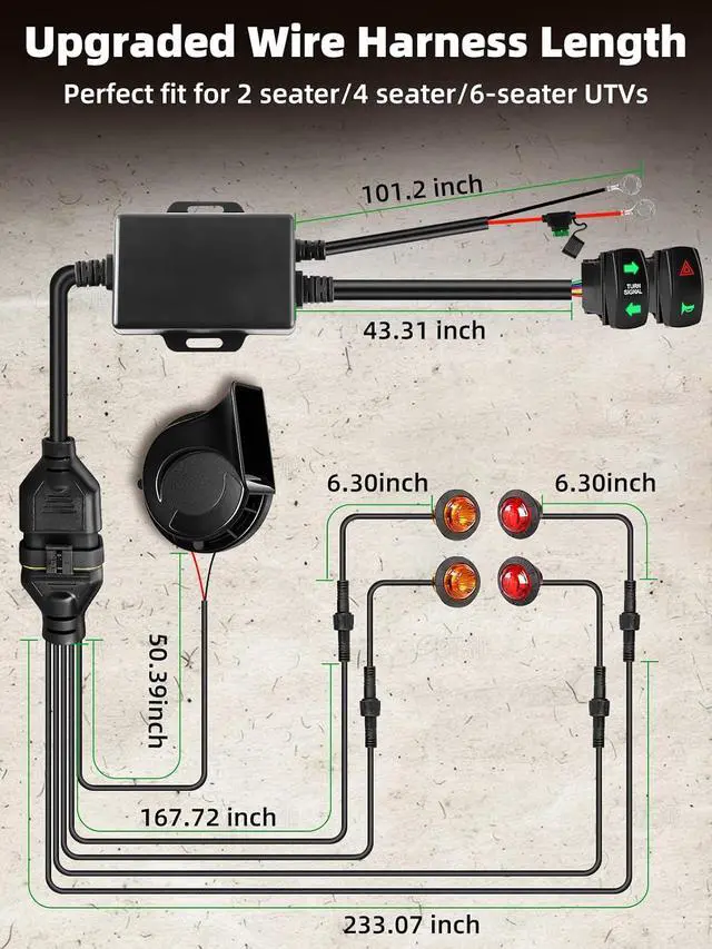 Alt view image 7 of 7 - UTV Turn Signal Kit, Pre-Wired, Plug and Play Universal Street Legal UTV Blinker Kits with Rocker Switch, Hazard Light, 110dB Horn, Compatible with Polaris, Can-Am - 4Pods Amber Red Lights