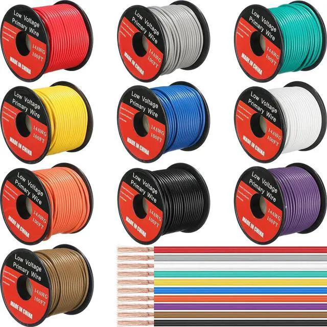 Main image of 10 Pcs 14 Gauge Wire 100 ft Per Roll (1000 ft Total) Automotive Primary Wire Spools Copper Clad Aluminum Primary for 12v Automotive Harness Car Audio Video Wiring