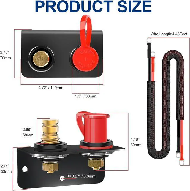Alt view image 2 of 6 - 250A Remote Battery Terminals 3/8" Stud Battery Jump Post with Heavy Duty Mounting Bracket and 4AWG Cable Battery Charging Post Kit Battery Relocation Kit for UTV RV Auto Trucks Mowers Boats