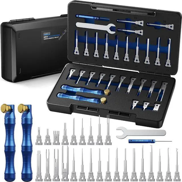 Main image of Terminal Removal Tool Kit, 30PCS Professional Depinning Tool Set with Replaceable Pin Extractor Tips for Molex, AMP/TE, Delphi, Deutsch & Automotive Wiring Repair