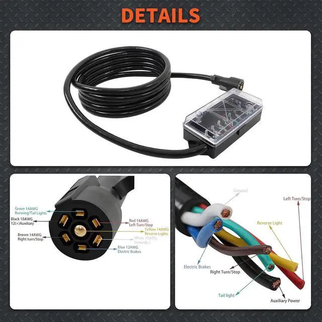 Alt view image 7 of 7 - 7 Way 16 FT Trailer Cord with 7 Gang Junction Box Kit with Plug Holder and 12V Breakaway Switch Trailer Connector Cable Wiring Harness