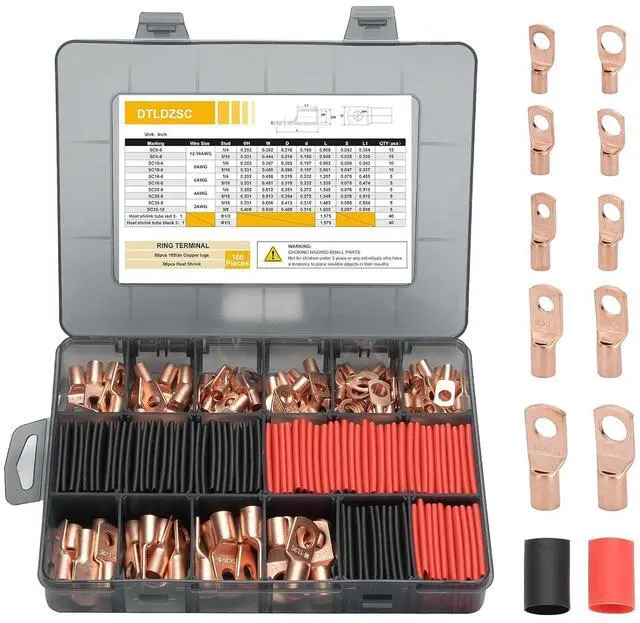 Main image of Thickened Copper LugsElectric Wire LugsAWG2 4 6 8 10 12Gauge80Pcs Heavy Duty Battery Cable Lugs Ends Ring Terminal Connectors80Pcs 3:1 Heat Shrink Tubing Assortment Kit Set160pcs