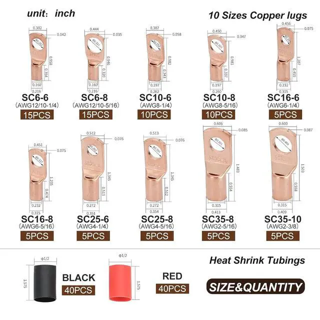 Alt view image 2 of 6 - Thickened Copper LugsElectric Wire LugsAWG2 4 6 8 10 12Gauge80Pcs Heavy Duty Battery Cable Lugs Ends Ring Terminal Connectors80Pcs 3:1 Heat Shrink Tubing Assortment Kit Set160pcs