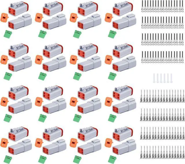 Main image of 198 PCS Deutsch DT Grey 4 Pin Connectors 16 Set, Waterproof Electrical Wire Connector with Stamped Contacts and Seal Plug for Truck, Off-Road Vehicles, Construction, Agriculture, Motorcycle Wiring