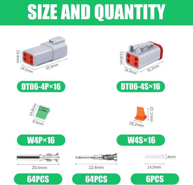Alt view image 2 of 7 - 198 PCS Deutsch DT Grey 4 Pin Connectors 16 Set, Waterproof Electrical Wire Connector with Stamped Contacts and Seal Plug for Truck, Off-Road Vehicles, Construction, Agriculture, Motorcycle Wiring