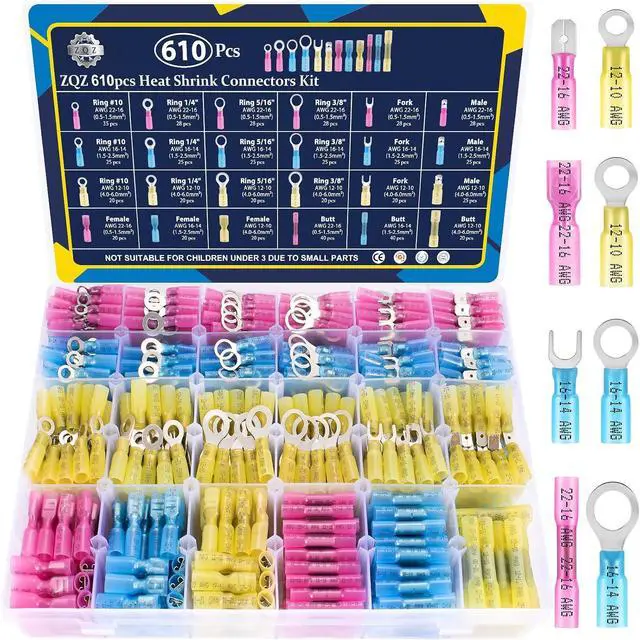 Main image of 610PCS Heat Shrink Wire Connectors Kit, Marine Electrical Connectors, Waterproof Crimp Terminals Connector with Rings Male Female Forks Butt Wiring Ends, Insulated Wire Terminal Assortment Kit