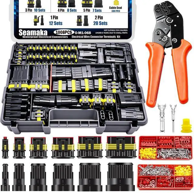 Main image of 1008PCS 63 Sets Waterproof Automotive Wire Connectors Kit 1/2/3/4/5/6 Pin Automotive Replacement Electrical Accessories Plug Connectors Kit Male and Female Connector with Ratchet Crimping Tool