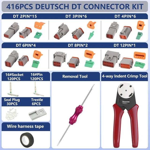 Alt view image 2 of 7 - 416 PCS Deutsch DT Connector Kit, 2 3 4 6 8 12 Pin Automotive Connectors with Crimping Pliers (14-20AWG) & Removal Tool, IP67 Gray Waterproof Housing, Deutsch 16# Solid Contacts