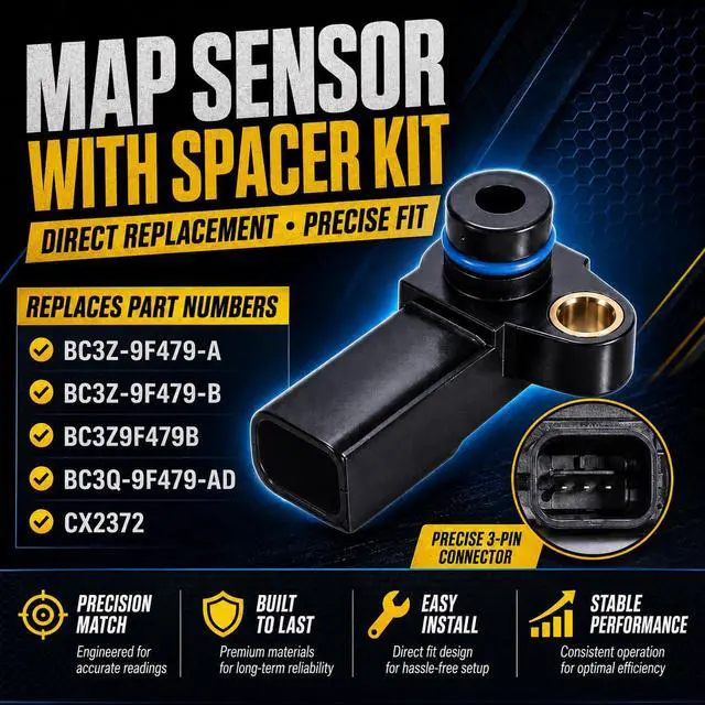 Alt view image 3 of 7 - 6.7L Powerstroke MAP Sensor with Black Spacer Kit for 2011-2019 Ford F-250 F-350 Super Duty Diesel, Manifold Absolute Pressure Sensor, Replaces BC3Z-9F479-A BC3Z9F479B BC3Q-9F479-AD CX2372