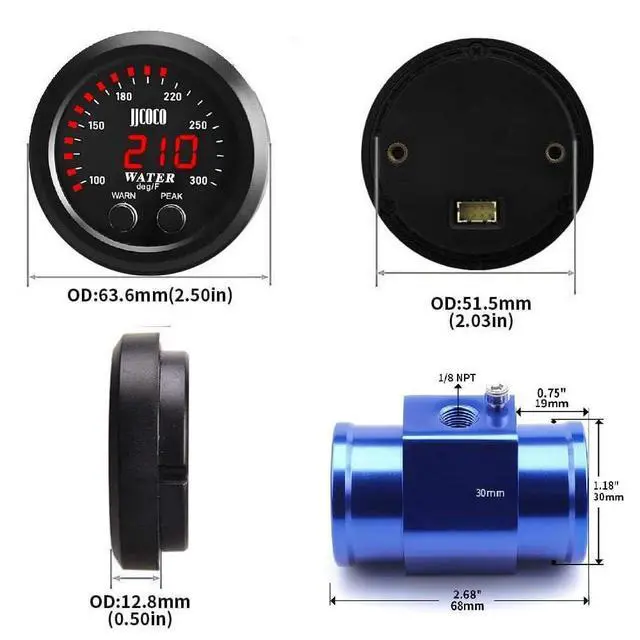 Alt view image 2 of 7 - Universal 52mm Water Temperature Gauge with Alarm and 1/8 Npt Sensor Car Digital Meter Blue Display Temp 100-300F(-17~187C)
