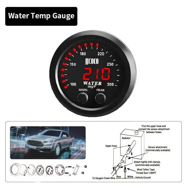 Alt view image 4 of 7 - Universal 52mm Water Temperature Gauge with Alarm and 1/8 Npt Sensor Car Digital Meter Blue Display Temp 100-300F(-17~187C)