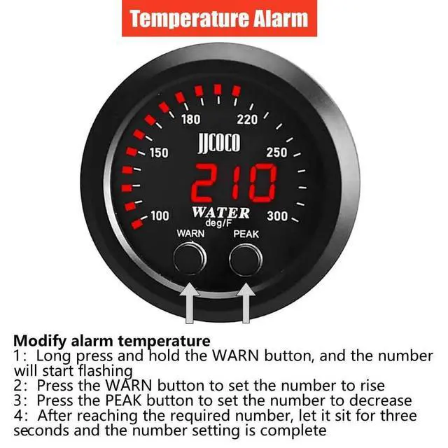 Alt view image 5 of 7 - Universal 52mm Water Temperature Gauge with Alarm and 1/8 Npt Sensor Car Digital Meter Blue Display Temp 100-300F(-17~187C)