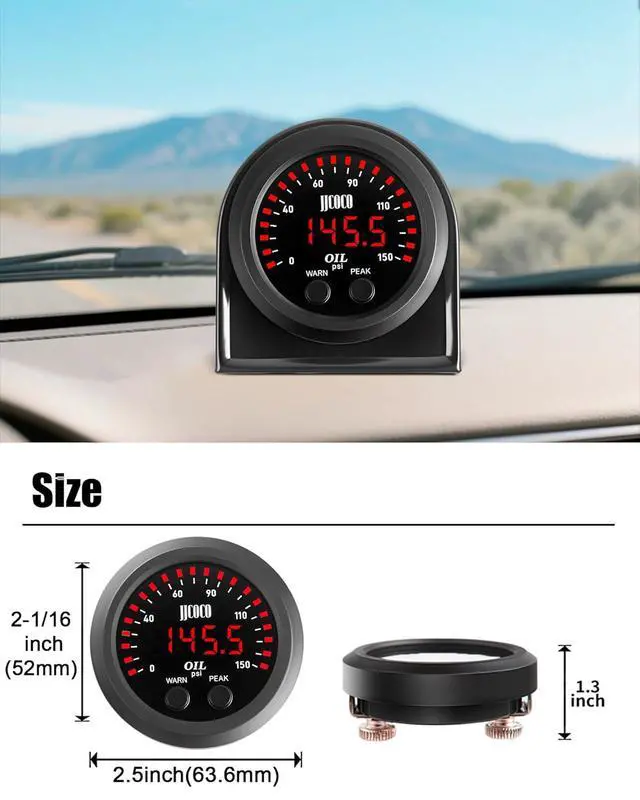 Alt view image 6 of 7 - 150PSI Oil Pressure Gauge Kit with 1/8NPT Electronic Sensor & Mounting Bracket 12V/24V DC Press Gauge Meter for Car Truck Vehicle Automotive 2-1/16" 52mm