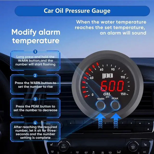 Alt view image 3 of 7 - Universal Oil Pressure Gauge Kit 2-1/16" (52mm) 150 PSI - Digital Meter Red Display with 1/8NPT Electronic Sensor - for Boat Marine Car Auto Truck Automotive Gauge Sets
