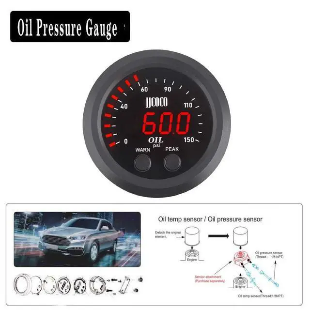 Alt view image 6 of 7 - Universal Oil Pressure Gauge Kit 2-1/16" (52mm) 150 PSI - Digital Meter Red Display with 1/8NPT Electronic Sensor - for Boat Marine Car Auto Truck Automotive Gauge Sets