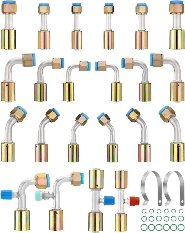 Main image of 42 pcs Air Conditioning AC Fitting Set #6#8#10 Straight 90 Degree 45 Degree Female Oring Beadlock with R134a Pressure Valve Clamp