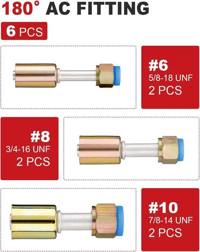 Alt view image 3 of 7 - 42 pcs Air Conditioning AC Fitting Set #6#8#10 Straight 90 Degree 45 Degree Female Oring Beadlock with R134a Pressure Valve Clamp