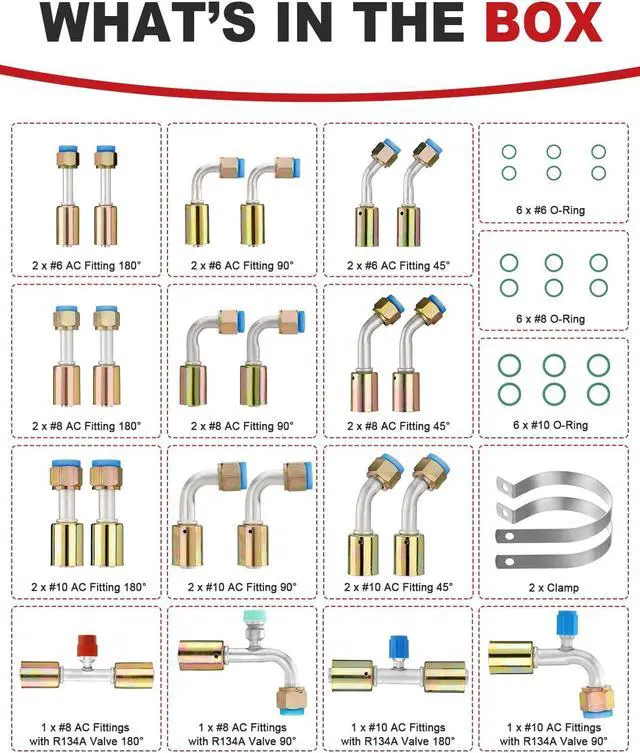 Alt view image 2 of 7 - 42 pcs Air Conditioning AC Fitting Set #6#8#10 Straight 90 Degree 45 Degree Female Oring Beadlock with R134a Pressure Valve Clamp